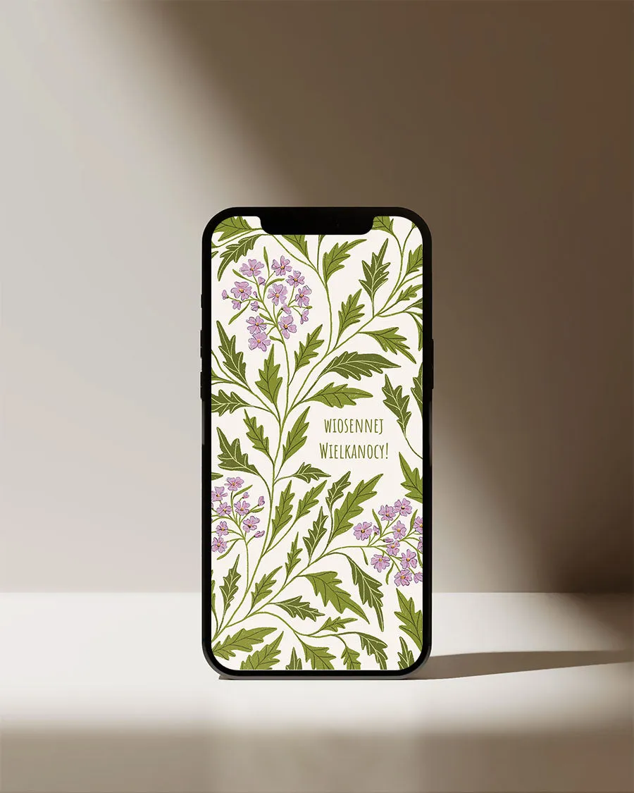 Wiosenna ilustracja pokazana jako tapeta telefonu.